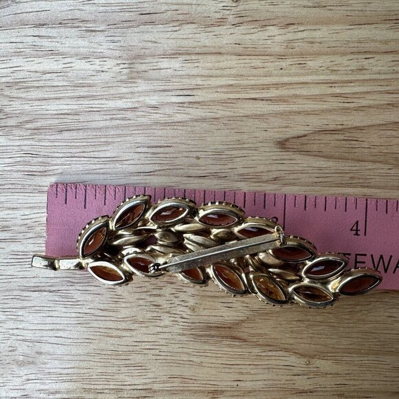 VTG Statement‎ Earrings 1.75" Match 4" Brooch AB Rhinestone Topaz Glass Navettes - Picture 9 of 9